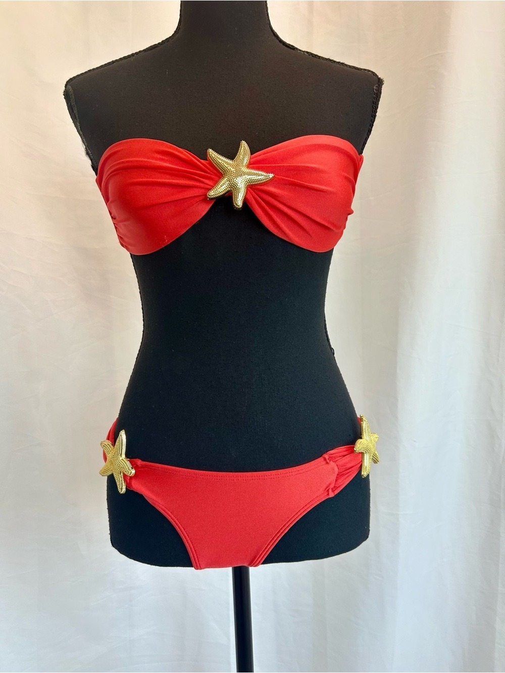 Luli Fama Coral Red Bandeau Bikini Gold Starfish 2-Piece Swimsuit XS NWOT - Picture 2 of 11
